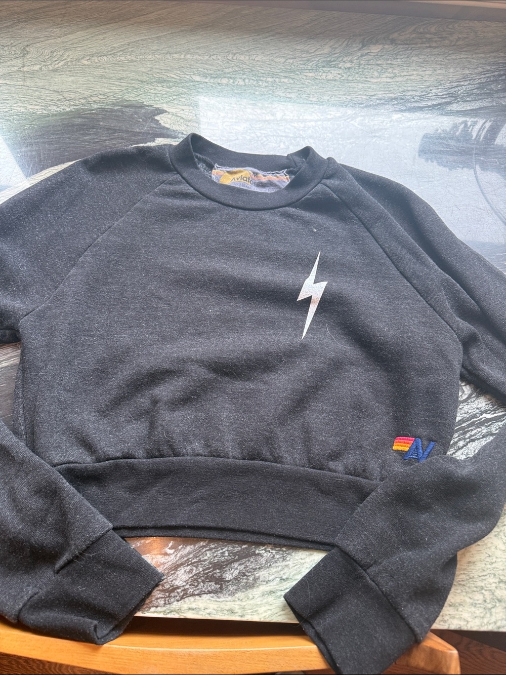 Aviator Nation charcoal grey Crewneck Sweatshirt with White Lightning Bolt